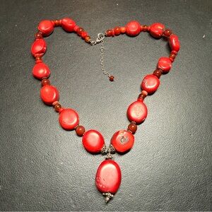 Vintage Sterling Large Red Coral with Carnelian Beads & Necklace 20” 84.8 grams